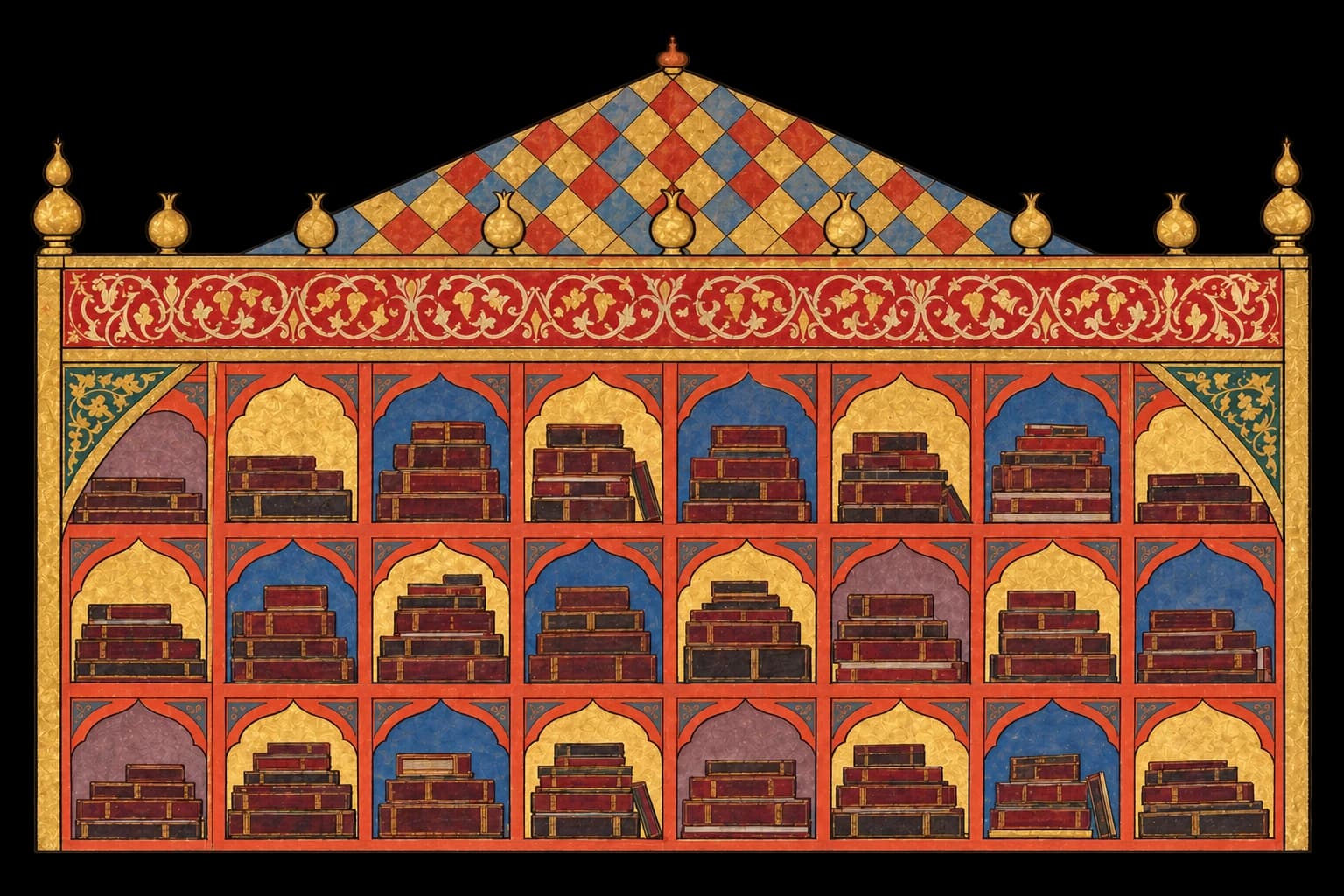 An illustrated wall of shelves, each arched niche holding stacked bound volumes.